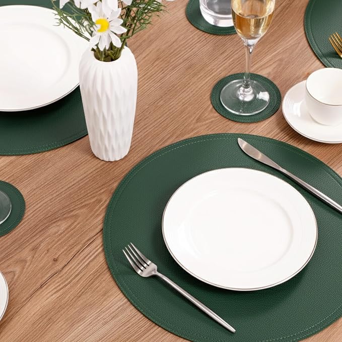 Set of 6 Faux Leather Round Placemats and Coasters, Disko Table Mats and Drink Spills Coasters, Easy to Clean, Double Stitched for Kitchen Dining Table, Diameter 13'' and 3.9''