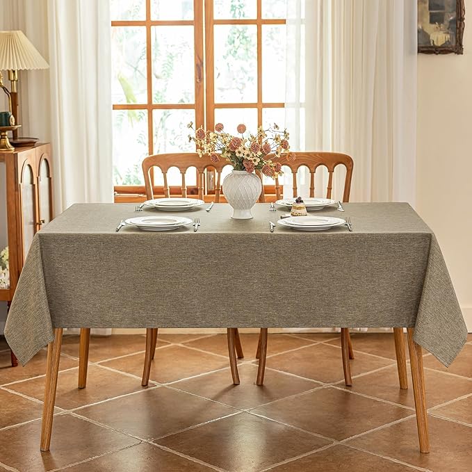 Faux Linen Fabric Rectangle Table Cloth Textured Water Resistant & Washable Rectangular Tablecloth Anti-Scratch for Dining Kitchen Party54 x 72 Inch Mocha