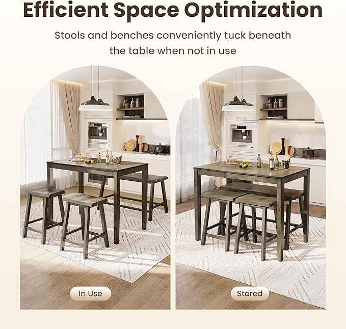 PHI VILLA Kitchen Table with Bench and Chairs, Counter Height Table and Chairs, Solid Wood Small Dining Table Set for 4, High Top Kitchen Table Chairs Set of 4, Smoky Brown