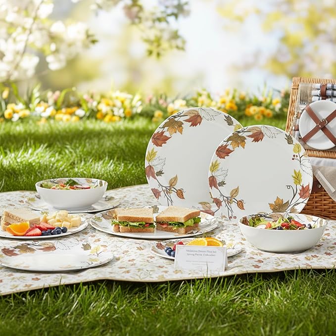 Melamine Dinnerware Sets 12 Pcs, Melamine Plates and Bowls,Party Plates and Bowls Sets, Camping Dishes Set for 4, Unbreakable, BPA Free, Dishwasher Safe（Yellow Maple Leaves）