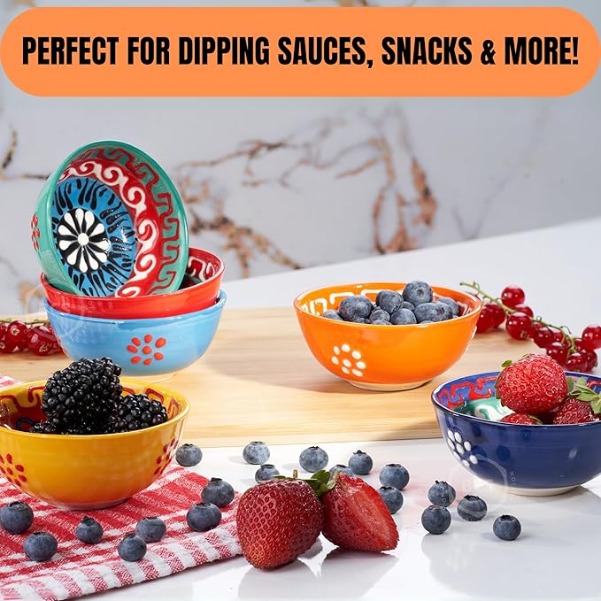 BCS Ceramic Salsa Bowls Set of 6 Small Pinch Bowls for Dipping, Cooking Prep & Charcuterie Board, Soy Sauce Dish, Multicolor Handmade Decorative Mini Serving Dishes Dishwasher Safe (3.2''-3 oz)