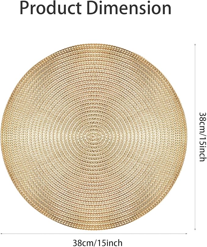 Set of 4 PVC Gold Textured Round Placemats Dinning Kitchen Table Mats Decorations Setting for Christmas Wedding Thanksgiving Party Event Holiday Autumn Harvest 15 Inch