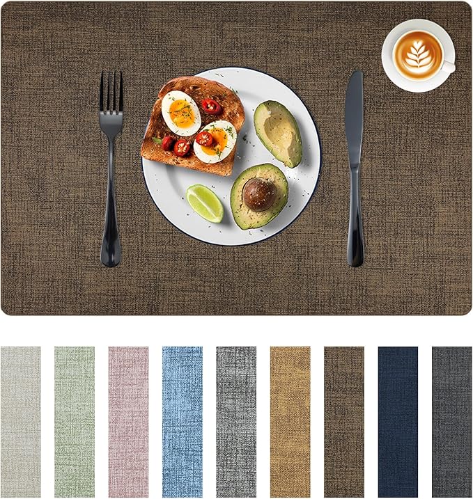 Placemats Set of 6 Faux Leather Heat Resistant Tables Mats Waterproof Oilproof Wipeable Reversible Anti-Slip Place Mats for Kitchen/Dining/Party/Outdoor 11.8" x 16.9", Brown