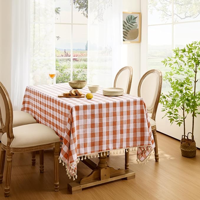 Softalker Fall Checkered Tablecloth Rectangle, Heavy Weight Linen Cotton Gingham Thanksgiving Orange Table Cloth with Tassel, Wrinkle Free Buffalo Plaid Table Cover for Dining Party- 55 x 70 Inch
