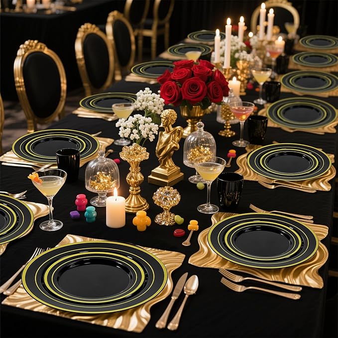 60 PCS Black and Gold Plastic Plates, Disposable Party Black Plates Include 30 10 inch Dinner Plate and 30 7 inch Dessert Plate Perfect for Holiday, Birthday, Wedding & Party