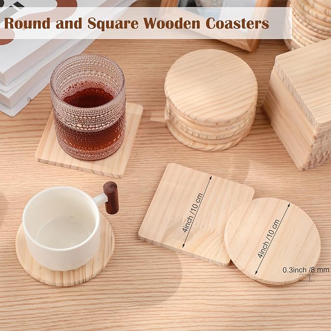 Hushee 96 Pcs Unfinished Wood Coasters 4 Inch Blank Wooden Coasters for Crafts with Non Slip Foam Pad Stickers Wooden Craft Tabletop Protection for Christmas DIY Painting Engraving Home Decoration