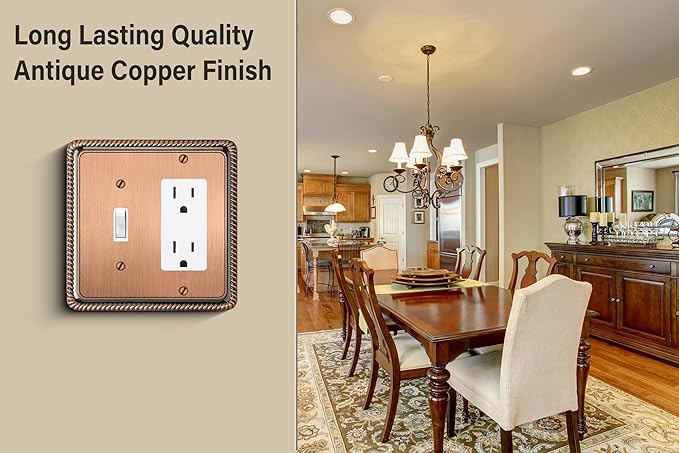 Henne Bery Rope Edge Decorative Wall Plate Switch Plate Outlet Cover (Toggle/Decorator, Antique Copper)