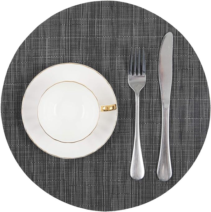 SHACOS Round Table Placemats Set of 7 Wedge Shaped Place Mat with Centerpiece Round Mat Heat Resistant Table Mats Washable (7, Black Gray)