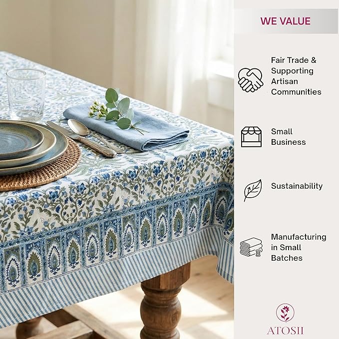 ATOSII Nargis Blue 100% Cotton Rectangle Summer Tablecloth, Indian Block Print Floral Table Cloth I Dining Parties Weddings Outdoors Holidays 60 X 108 Inches 8 Seater I Grandmillennial Farmhouse Boho