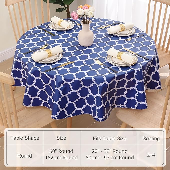 Smiry Round Plastic Table Cloth, Waterproof Vinyl Tablecloth with Flannel Backing for Round Tables, Wipeable Spillproof Tablecloths for Dining, Camping, Indoor and Outdoor (60" Round, Navy)