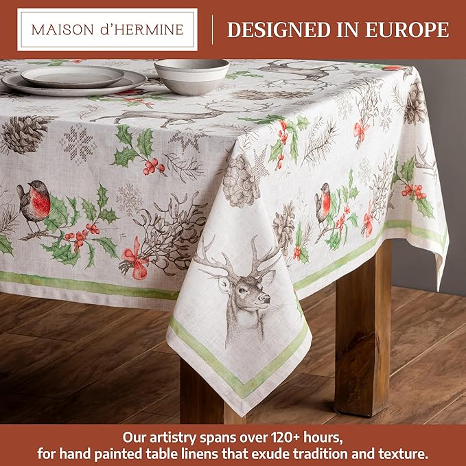 Maison d' Hermine Table Cloth Rectangle Table 100% Cotton 54 x 72 Inches Fall Tablecloth Reusable Everyday Use for Thanksgiving Christmas Decorations Dining Farmhouse Party (Christmas Dew)