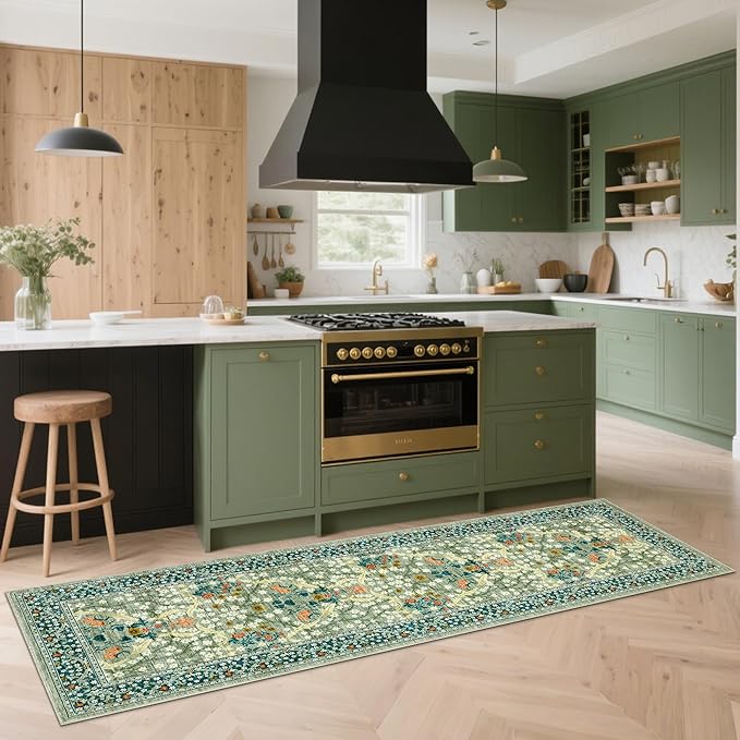 GarveeHome Floral Hallway Runner Rug Non-Slip, 2.5x10 Washable Rugs Ultra-Thin Soft Rug for Hallways, Kitchen Mat Stain Resistant Carpet for Entryway Bathroom, Sage Green
