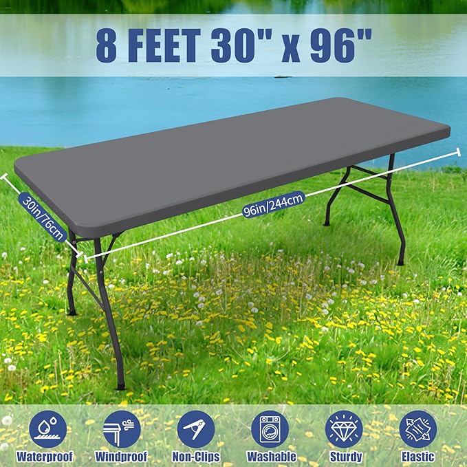 Spandex 8 Foot Rectangle Table Cloth 2 Pack, Elastic Fitted Tablecloths for Picnic, Stretch Washable Patio Table Cover for Outdoor, Camping, Banquet and Parties (Grey, 30"x96")