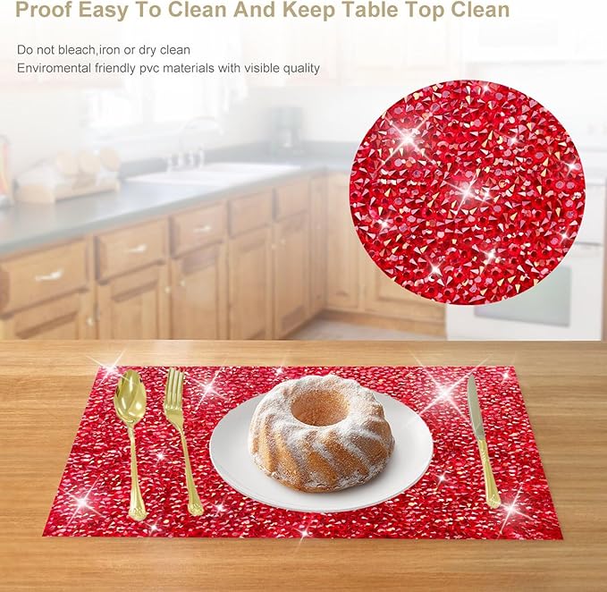 Red Sparkly Rhinestone Decor Square Placemats - Heat Resistant Mat Set of 2