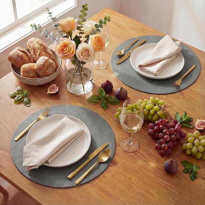 Artoid Mode Grey Faux Leather Placemats Set of 4, 15 Inch Waterproof Wipeable Heat Resistant Vinyl Place Mats, Reversible Table Mats for Winter Kitchen Dining Decor