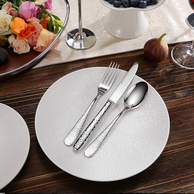 KEAWELL Premium 20/45/65 Piece Louise Hammered Silverware Set with Round Edge, 18/10 Stainless Steel, Service for 4/8/12, Fine Flatware Set, Dishwasher Safe (65)