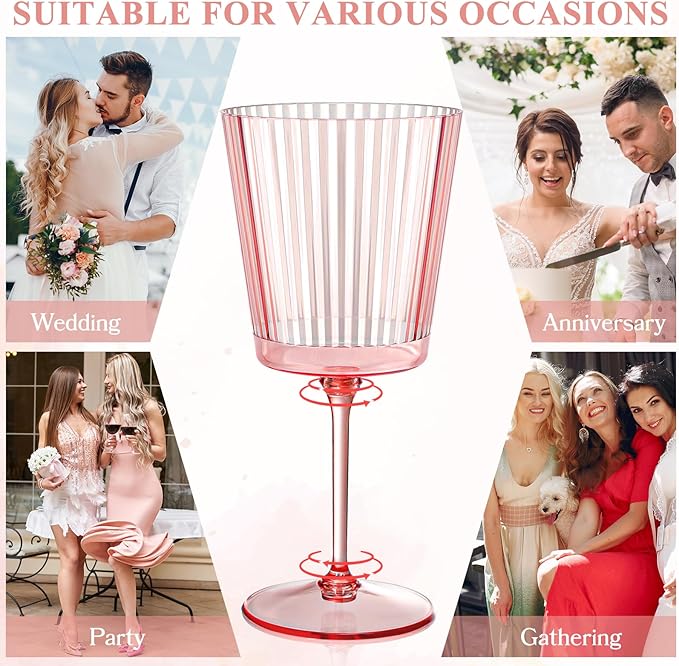 12 PCS Pink Plastic Wine Glasses with Removable Stems 13.5 Oz Pink Ribbed Wine Glasses Square White Wine Glass Muted Pastel Colors Goblets Elegant Fluted Glassware for Wedding Anniversary Birthday