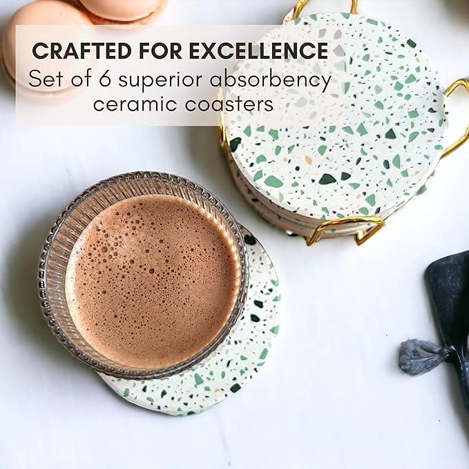 Terrazzo Coasters Set of 6, Ceramic Absorbent Drink Coasters, Cute Moisture Absorbing Coaster, Coffee Table Desk Decor, Colorful Stone Coaster for Drinks (Sage)