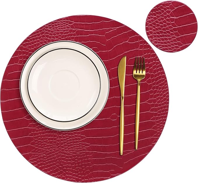 Jovono Round Leather Placemats for Round Tables Set of 4, Red Place Mats and Coasters, Wipeable Waterproof Heat Resistant Table Mats Easy to Care for Indoor Decor 13 inch Diameter
