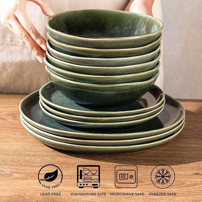 AmorArc Ceramic Cereal Bowls Set of 6, 24 oz Handmade Stoneware Bowls for Cereal Soup Salad Bread, Stylish Kitchen Bowls for Meal, Dishwasher & Microwave Safe-Earth Green