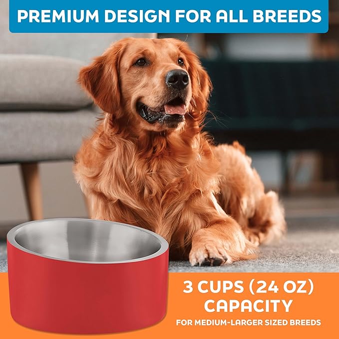 Master Pet Supply Stainless Steel Slanted Dog Cat Food Bowl - 24 oz Heavy Duty - Crimson Flame, Double Wall Insulated, Non-Slip Elevated Bowl for French Bulldogs Pugs Cats, Anti Rust Dishwasher Safe