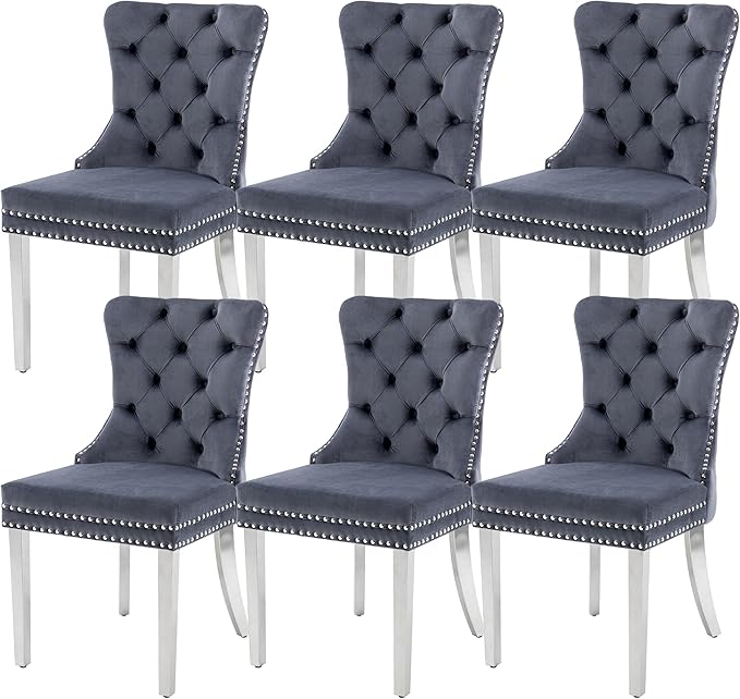 KCC Velvet Dining Chairs Set of 6, Upholstered High-end Tufted Dining Room Chair with Nailhead Back Ring Pull Trim Stainless Steel Legs, Contemporary Nikki Collection Modern Style for Kitchen, Gray
