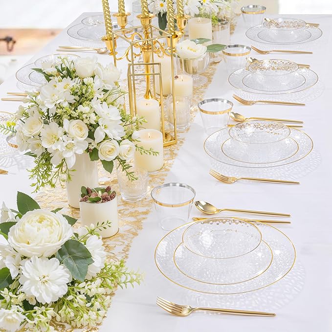 Rubtlamp 20 Pack Clear Disposable Bowls, Clear Plastic Bowls with Gold Rim, 12-16oz Premium Heavy Duty Plastic Dinner Bowls for Party, Wedding and Holiday