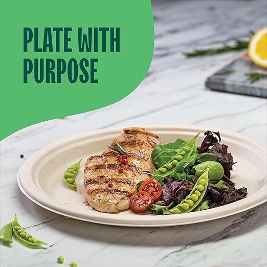 Deep Dish Paper Plates, Heavy Duty Disposable Dinner Plates [500-Pack] 10 Inch Plates - 100% Compostable Eco-Friendly, Biodegradable Sugarcane Bagasse, Natural Brown 10" Paper Plate Disposable
