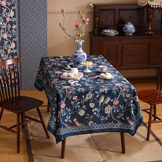 patdrea Designer Vintage Dark Blue Linen Square Tablecloth,Navy French Floral and Birds Pattern Table Cloth,Decoration Table Cover for Kitchen,Dining,Tea Party,Home,Christmas,55"*55"