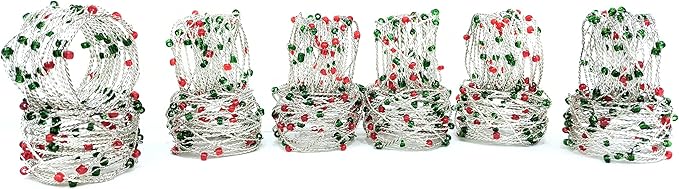 Silver Red Green Beaded Napkin Ring Set of 12 - Beautiful Elegant Decorative Napkin Holder for Christmas/Dinner Table Decoration/Farmhouse/Wedding/Party/Family Gathering/New Year & Everyday Use