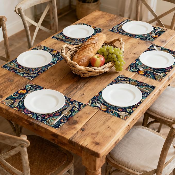 Table Placemats Set of 6 Indian Vintage Paisley Pattern Blue Place Mats Washable Kitchen Dining Linen Table Mats Stain Heat, for Home Party Indoor 12x18 in