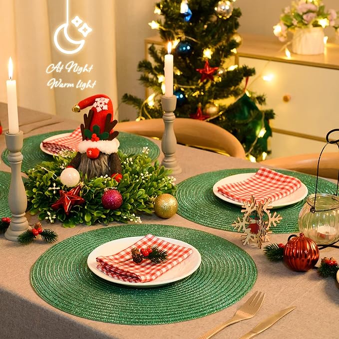 AHHFSMEI Round Braided Placemats 15 Inch Round Table Mats for Dining Tables Natural Woven Heat Resistant Place mats Set of 6 (Green Shine)