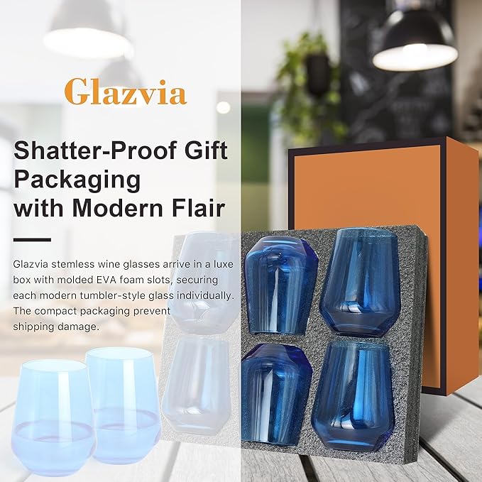 Blue Stemless Wine Glasses Set of 6, 15oz Drinking Glassware Dishwasher Safe, Wine Glass Tumblers for Red or White, Gift for Party, Holiday, Anniversary, Restaurant, Home Bar, Daily Use