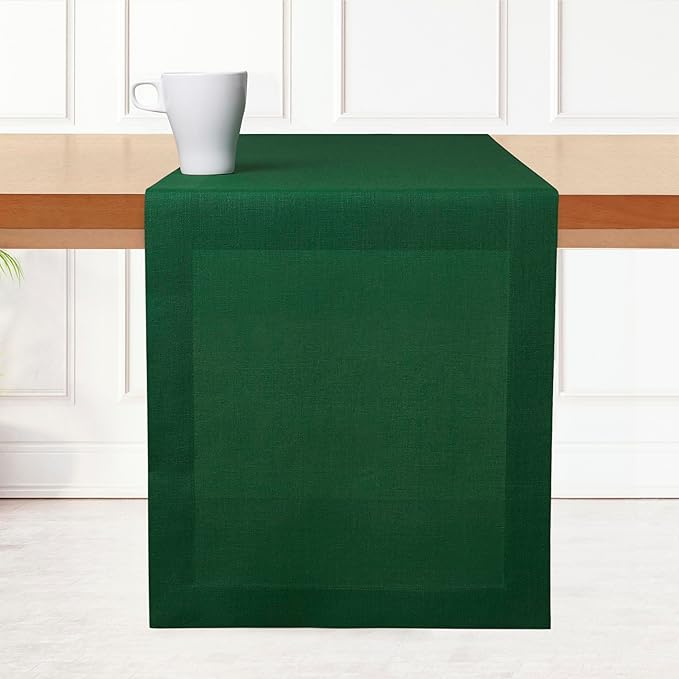 D'Moksha Homes Linen Forest Green Table Runner 132 Inches Long - 100% Pure Linen Extra Long Table Runner 14 x 132 Inch for St Patricks Day, Easter - Machine Washable