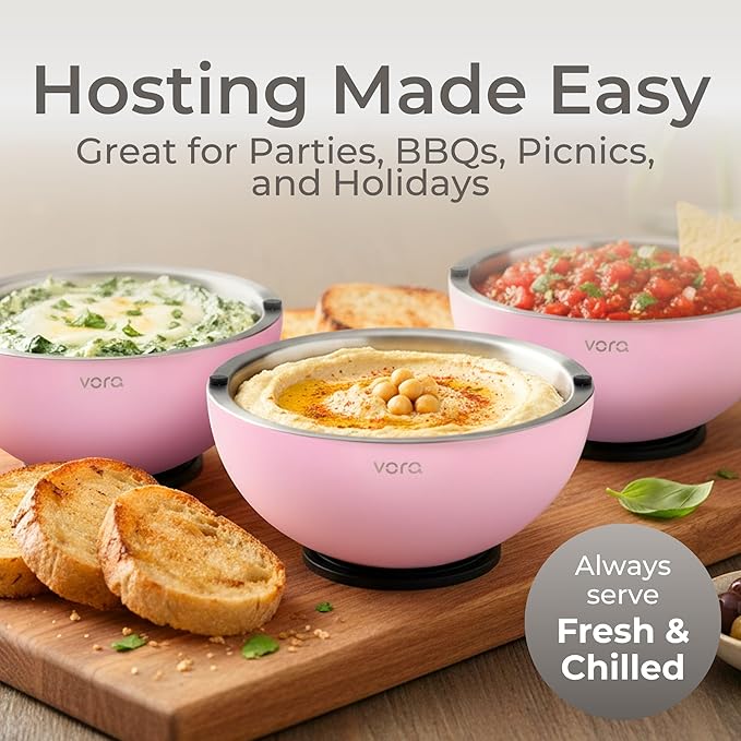 Vora 35oz Dip Chiller Bowl with Lid | 2 Pack Pink Stainless Steel Chilled Serving Bowl Keep Dips, Salads, and Appetizers Perfectly Cold with Leak-Resistant Ice Bowl for Effortless Hosting