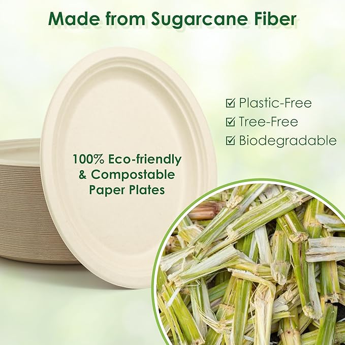 Compostable Oval Paper Plates, 12.5Inch 25Pack Disposable Heavy Duty Bagasse Platters Eco-Friendly Biodegradable Sugarcane Plates for BBQ, Party, Picnic - Natural Brown