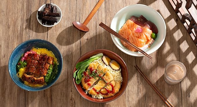 8 Inch Ceramic Ramen Bowl Set of 2, 40oz Japanese Bowls with Spoons & Chopsticks,Durable,Microwave & Dishwasher Safe,Perfect for Ramen,Pho,Salad,Soup,Noodles，Mixing bowls（Blue Topaz）