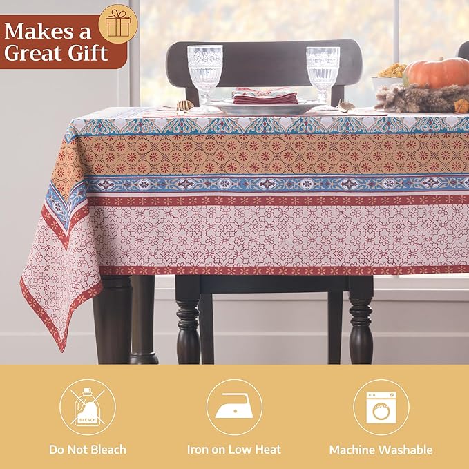 Maison d' Hermine Table Cloth Square Table 100% Cotton 60 x 60 Inches Fall Tablecloth Reusable Everyday Use for Thanksgiving Christmas Decorations Dining Farmhouse Party (Romane)