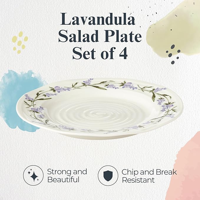 Portmeirion Sophie Conran Lavandula 8 Inch Salad Plates, Set of 4 - Rippled Porcelain Plates with Lavender Sprig Detail for Garden Brunches, Casual Entertaining & Seasonal Dining - Dishwasher Safe