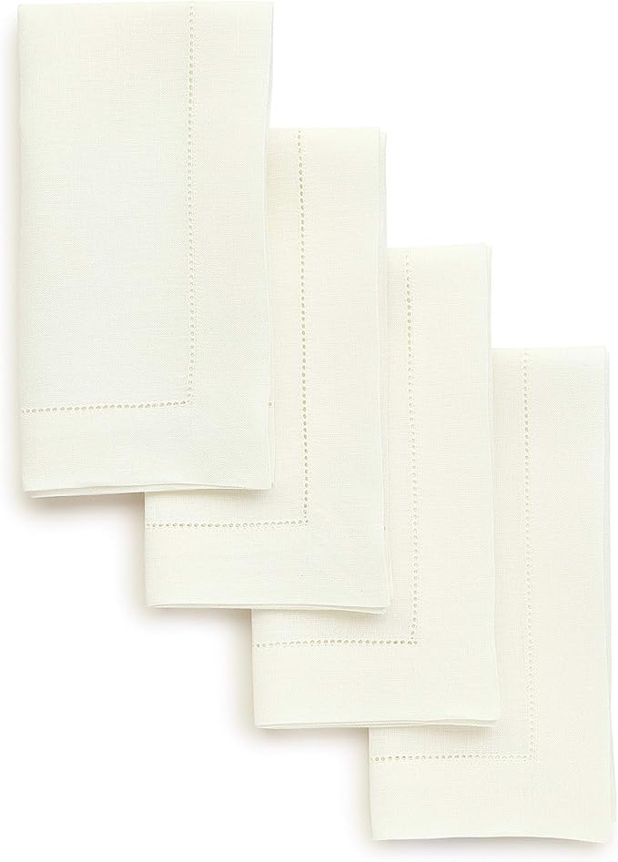 Solino Home Ivory Linen Napkins Set of 4-100% Pure Linen Hemstitch Dinner Napkins 20 x 20 Inch for Spring, Easter - Classic Hemstitch