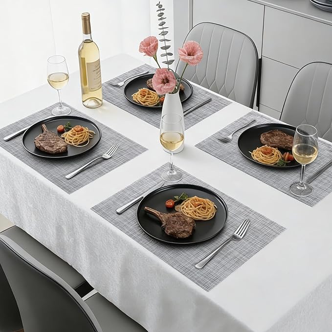 Timeet Placemats Set of 4, Heat Resistant Non-Slip Place Mats for Dining Table, Durable Washable PVC Vinyl Woven Table Mats, Linen Textured Placemats for Kitchen Resistant Easy to Clean(Gray
