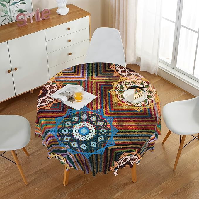 Laeacco 70 Inch Colorful Patchwork Round Tablecloth Woven Flowers Geometric Abstract Art Print Table Cloth Washable Waterproof Wrinkle Free Table Cover for Kitchen Dining Picnic Party Decoration