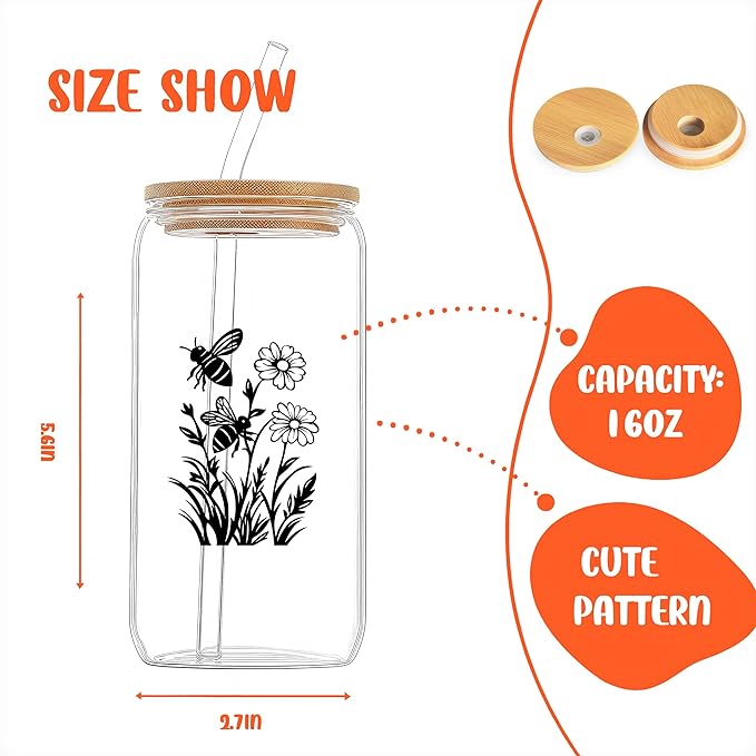 Cute Bee Glass Cup With Lids And Straws, Bee Gift For Women, Iced, Coffee, Smoothie, Cocktail, Beer, Whiskey, Soda, Matcha,16 Oz, Home Office Table Desk Decoration!