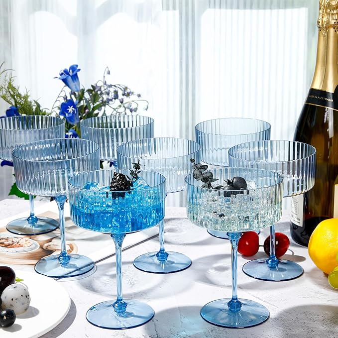 12 Pcs Ribbed Martini Glasses 10 oz Disposable Plastic Vintage Ribbed Coupe Glasses Unbreakable Dessert Parfait Glassware for Wedding Birthday Party Supplies (Blue)