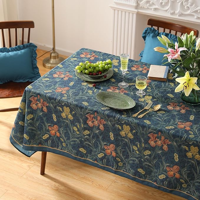 patdrea Designer Dark Blue Linen Square Tablecloth,Vintage French Rustic Floral Pattern Tablecloths,Decorative Table Cover Cloth for Kitchen,Dining,Tea Party,Home,Christmas,67"*67"