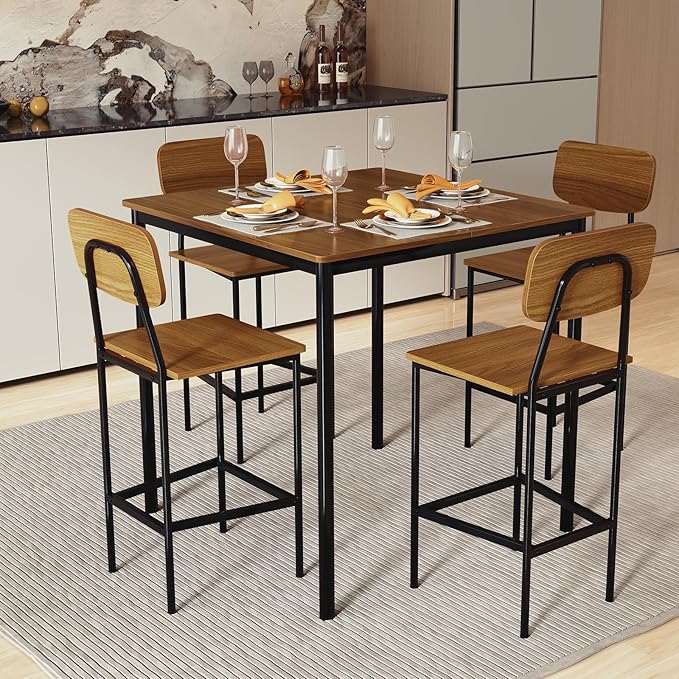 COSTWAY Dining Table Set for 4, 5-Piece Square Kitchen Nook Dinette Set with 4 Bar Stools with Footrest, Backrest, Space-Saving Design, Industrial Kitchen Table and Chairs for Apartment, Brown