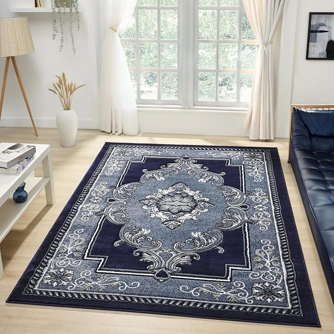 Modern 5x7 Navy Traditional Living Room Rug - Area Rugs for Living Room, Dining & Bedroom - Hand Carved Runner Carpet - Durable Polyester - Non-Fade, Stain-Resistant - Turkish Made