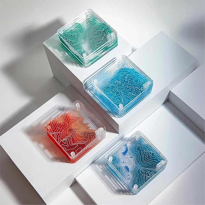 Whistler, BC 3D Contour Map Glass Drink Coasters of Mountains, Ski Resort, Set of 6 with Holder, Housewarming Birthday Gifts, Home Decor