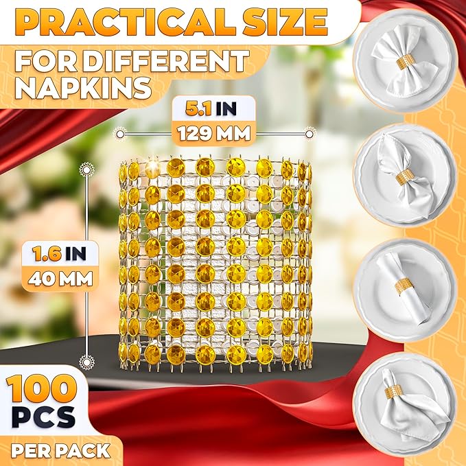 Set of 100 Gold Napkin Rings – Valentine Rhinestone Napkin Ring Holders for Weddings, Parties, Fall Events & Valentine Table Decorations | Durable & Reusable, Great as Elegant Kitchen Gifts for Hosts