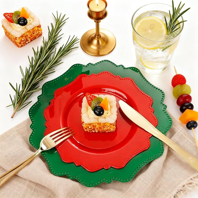COLOSUS 100pcs Red and Green Plastic Plates, Red and Green Christmas Plastic Plates, Heavy Duty 25 Green/Red Dinner plate 10.5” and 25 Red/Green Salad/Dessert Plate 8.25” suite for Festival